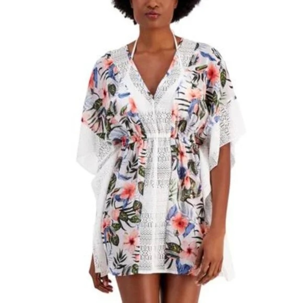 Milken Lace-Trim Caftan Swim Cover Up Floral Size XL